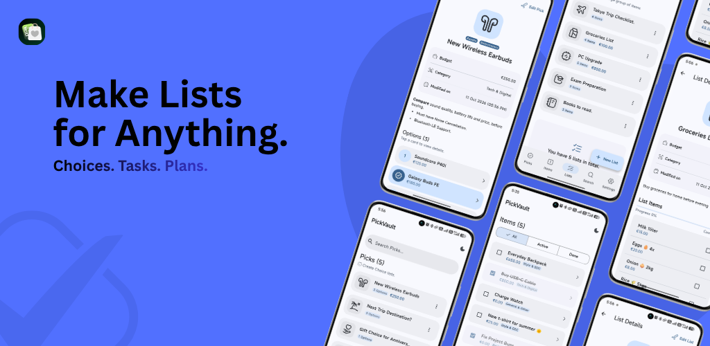 PickVault shown on phones, with lists, items, and purchase choices