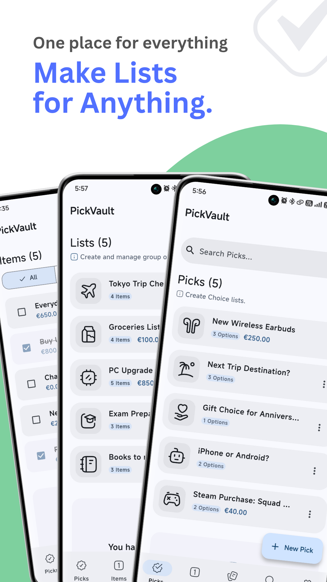 PickVault home screens showing Picks, Items, and Lists