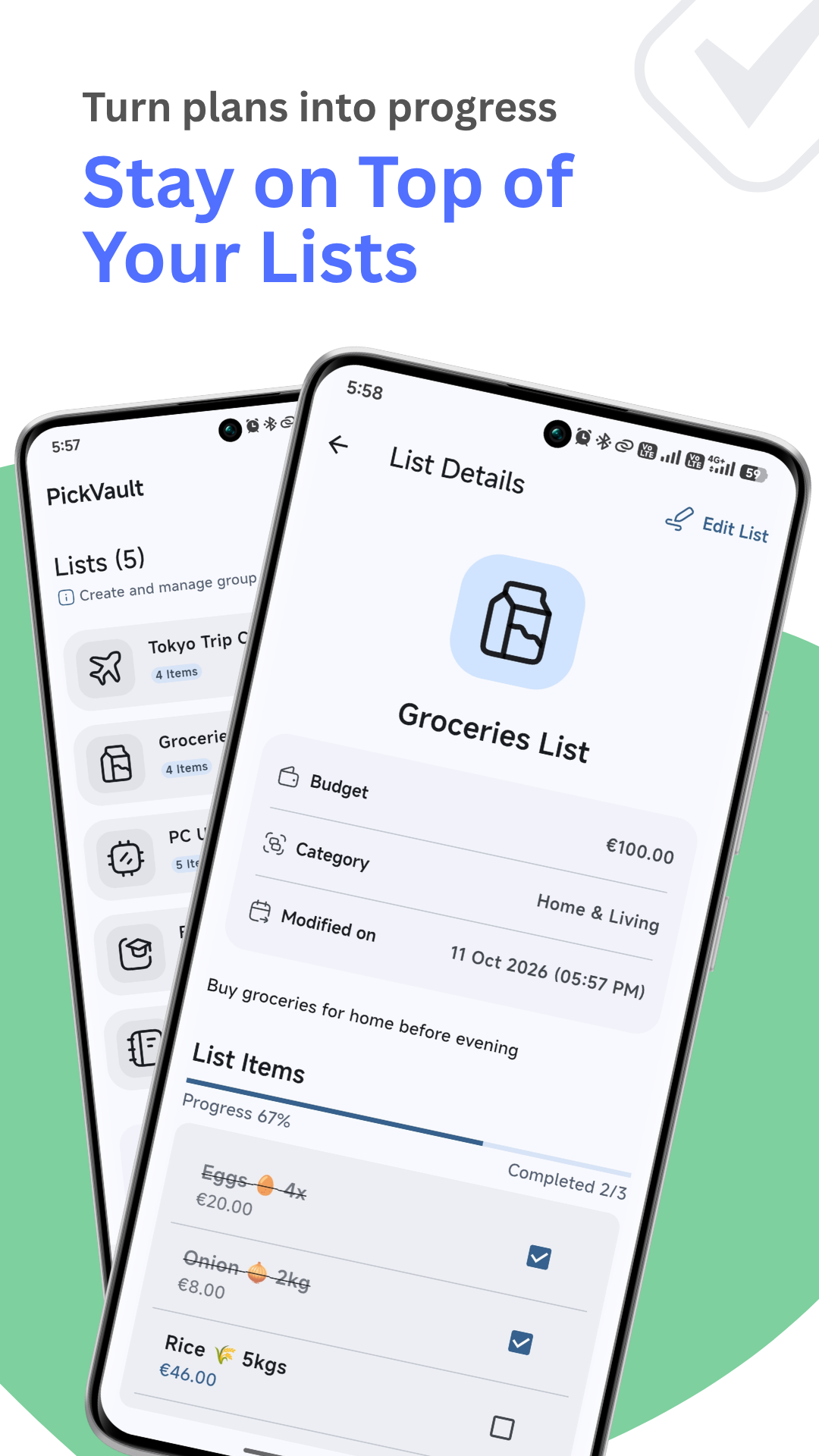 A PickVault list with items and completion progress