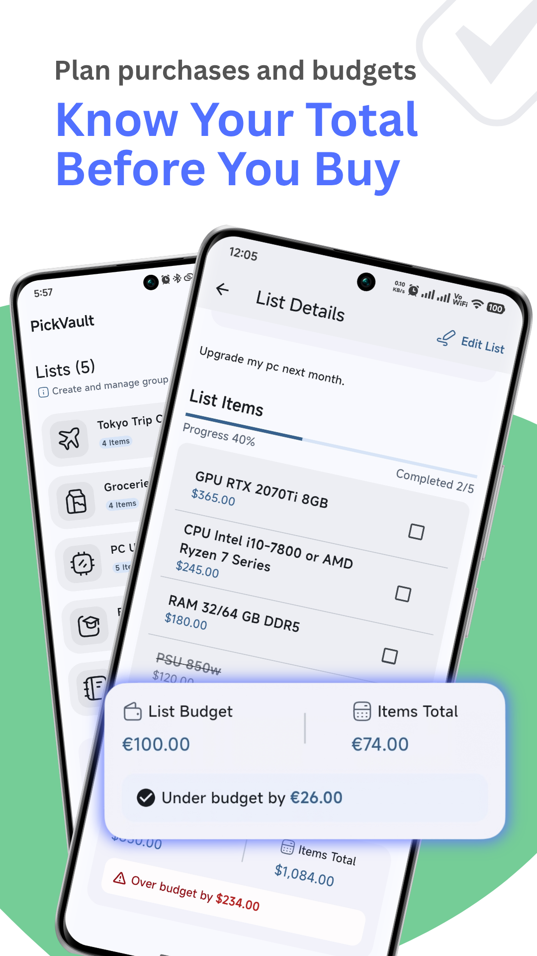 PickVault showing list budgets, item totals, and progress