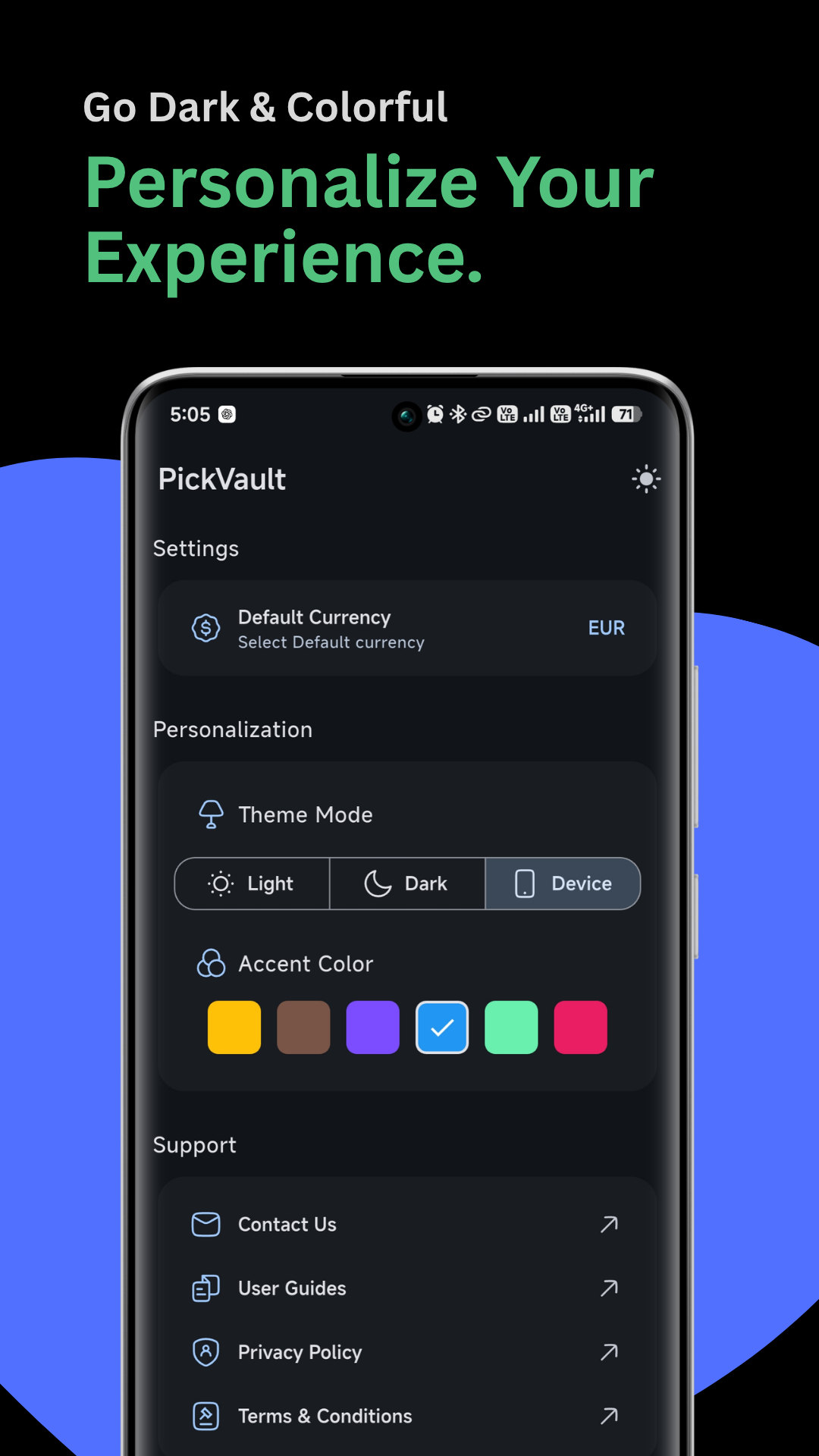 PickVault settings for themes and personalization